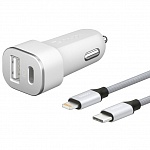Автомобильное зарядное устройство Deppa USB Type-C + USB A, PD 18W, QC 3.0 Дата-кабель USB-C – Lightning, MFI (белый) 