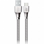 Дата-кабель BoraSCO Silicone USB – Type-C в металлической оплетке 3А, Quick Charge, 1м (серебристый)