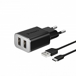 Сетевое зарядное устройство 2 USB 2.4А + кабель USB Type-C Deppa, черный